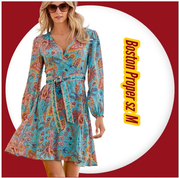 Boston Proper Long Sleeve Beach Paisley Embellished Printed Wrap Dress - Picture 1 of 13